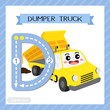 Letter D uppercase cute children colorful transportations ABC alphabet tracing flashcard of Dumper Truck for kids learning English vocabulary and handwriting Vector Illustration.