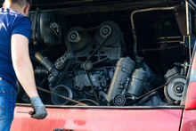 Engine Maintenance, Inspection Of Engine Of The Bus Before The Trip