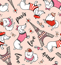 French Style Dog Seamless Pattern On Pink Background. Cute Cartoon Parisian Dachshund And Eiffel Tower Vector Illustration. French Style Dressed Dog With Red Beret.