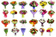 Collage Of Various Colorful Flower, Set Of Bouquets Isolated On 