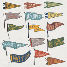 Set Of Adventure, Outdoors, Camping Colorful Pennants. Retro Monochrome Labels On Textured Background. Hand Drawn Wanderlust Style. Pennant Travel Flags Design