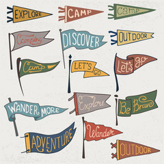 Wall Mural - set of adventure, outdoors, camping colorful pennants. retro monochrome labels on textured backgroun