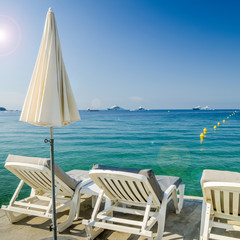 Rows of empty beach lounges in Juan les Pins, France