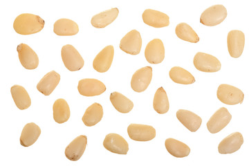 Shelled cedar pine nuts isolated on white background. Top view. Flat lay