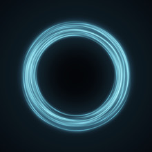 Abstract Blue Ring Of Swirling Neon Lines On A Black Background. Fantastic Circle. Chaotic Luminous Lines. Vector Illustration