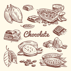 hand drawn cacao, leaves, cocoa seeds, sweet dessert and chocolate bar. cocoa sketch vector collecti