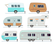 Rv Camping Trailers, Travel Mobile Home, Caravan Vector Set Isolated
