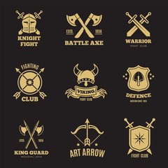 Sticker - Vintage golden warrior sword and shield labels. Knight vector badges, heraldry coat of arms logos