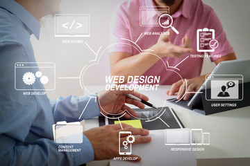Poster - Businessmen working together on a document and using smart phone and digital tablet and laptop computer in modern office