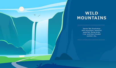 Vector flat summer landscape illustration with waterfall, river, mountains, sun, forest on blue clouded sky. Perfect for travel camping tour poster, placard, flayer, leaflet, banner. Nature view.