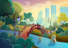 Bright Vector Image Of Summer Autumn Cartoon Park With Bridge Across Small River In Sparkles With City On Background. Game Smooth Design.