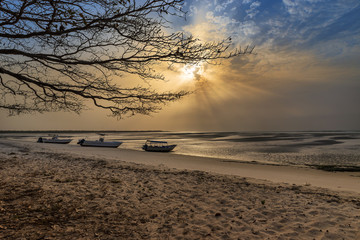 View of a beautiful deserted beach in the island of Orango at sunset, in Guinea Bissau. Orango is part of the Bijagos Archipelago; Concept for travel in Africa and summer vacations