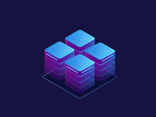 Wall Mural - ultraviolet banner, server room, abstract technology objects, cloud storage, data center isometric v