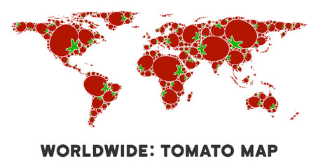 Wall Mural - World map collage of tomato vegetables in various sizes. Vector tomato vegetable symbols are organized into world map illustration. Salad vector illustration with juice glass.