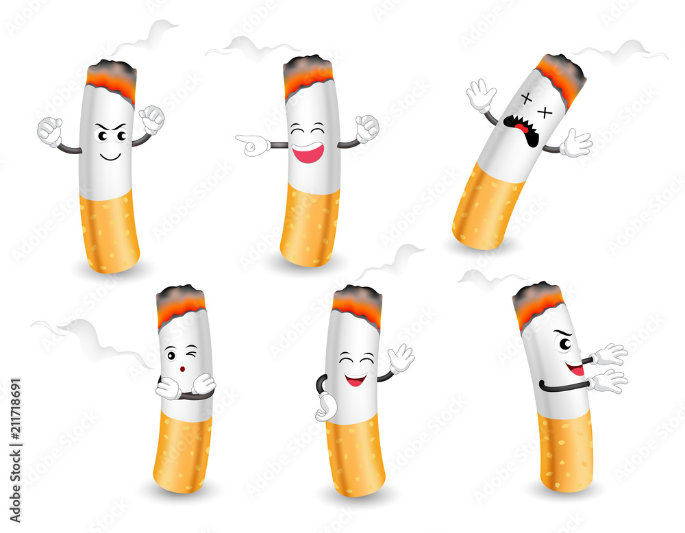 Cartoon cigarette characters with happy, angry and sad faces. healthcare  concept design. Illustration isolated on white background. World No Tobacco  Day. Stock Vector
