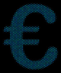 Wall Mural - Halftone Euro symbol composition icon of circle bubbles in blue color tones on a black background. Vector circle items are grouped into Euro symbol composition.