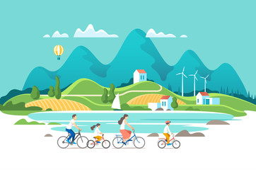 Summer vacation. Family are riding on bicycles on the natural landscape background. Vector illustration.