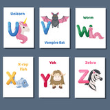 Fototapeta Pokój dzieciecy - Alphabet printable flashcards vector collection with letter U V W X Y Z. Zoo animals for english language education.