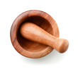Top view of wooden mortar and pestle