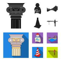 Wall Mural - Column, master with drawing, bridge, index cone. Architecture set collection icons in black, flat style vector symbol stock illustration web.