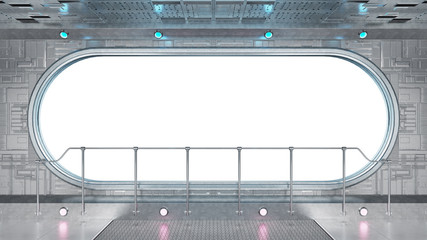 white tech spaceship round window interior background 3d rendering