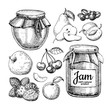 Fruit jam glass jar vector drawing. Jelly and marmalade with str