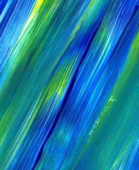 Abstract acrylic painting for use as background, texture, design element. Modern art in Mixed colours of green, blue, yellow.