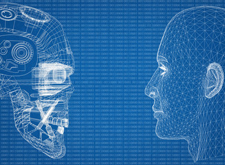 Abstract Human and robot heads with binary code