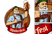 Bavarian Man Holds Glass Of Beer Near Barrel. Traditional Clothes Trachtenhut, Lederhosen, Plaid Shirt. Ribbon With Gothic Lettering Oktoberfest. Vector Graphic Illustration In Retro Engraving Style.