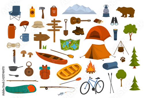 Fotografía camping hiking gear and supplies graphics set