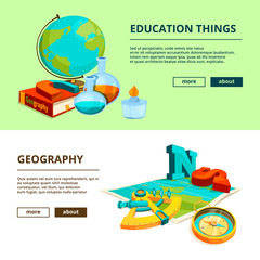 Sticker - Horizontal banners with cartoon pictures of science and geography symbols