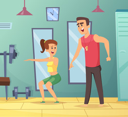 Canvas Print - Gym background. Cartoon sport characters male and female. Personal trainer