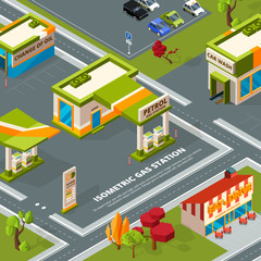 Poster - Fuel station in urban landscape. Vector isometric pictures