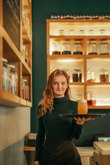 Wall Mural - Smiling young waitress serving drinks in a trendy bar