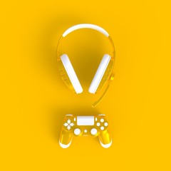 Wall Mural - Yellow joystick with yellow headphones on yellow table background, Computer game competition, Gaming concept, 3D rendering