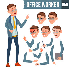 Wall Mural - Office Worker Vector. Emotions, Gestures. Animation Creation Set. Business Person. Career. Modern Employee, Workman. Isolated Flat Cartoon Character Illustration