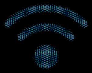 Wall Mural - Halftone Wi-Fi collage icon of circle bubbles in blue shades on a black background. Vector circle bubbles are composed into Wi-Fi composition.