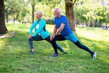 Happy fit senior couple exercising in park.