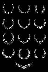 Wall Mural - set of white laurel wreaths isolated on black background. vector design elements.