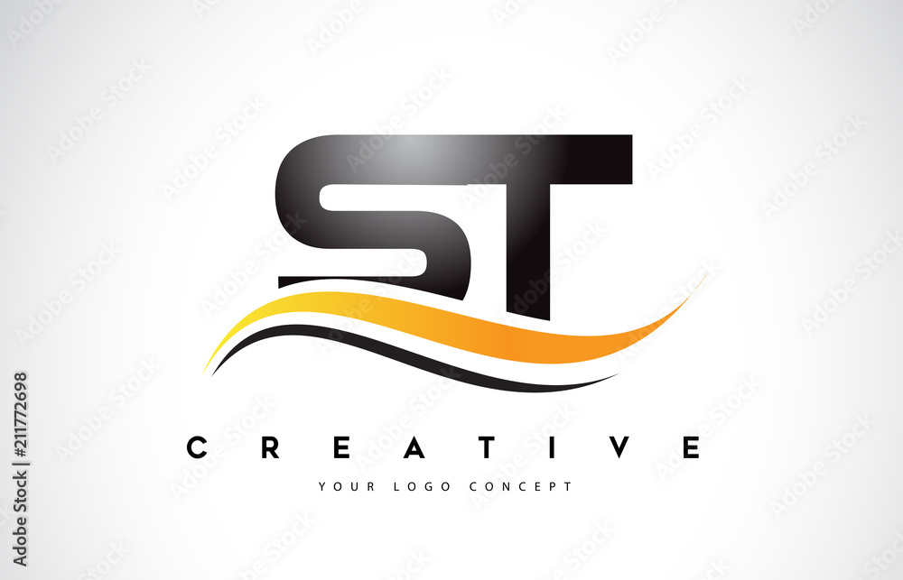 ST S T Swoosh Letter Logo Design with Modern Yellow Swoosh Curved Lines ...