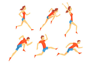 Sticker - Flat vector set with energetic man and woman in running action. Athletes in sportswear. Professional runners. Active sport people