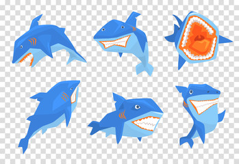 Wall Mural - Flat vector set of big blue shark. Marine fish with sharp teeth and large fin on back. Elements for stickers or mobile game