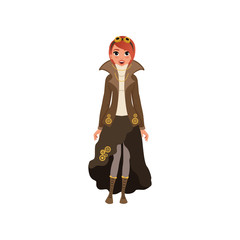 Sticker - Red-haired steampunk woman. Young girl in blouse, jacket and skirt with chains and gears, boots with lacing and vintage goggles on head. Flat vector