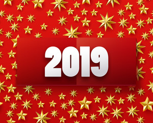 Wall Mural - Vector illustration of Happy New year 2019 background with golden stars confetti. Gold and red colors. Banner, poster, invitation, etc.
