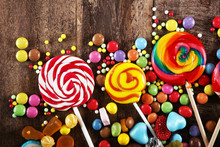 Candies With Jelly And Sugar. Colorful Array Of Different Childs Sweets And Treats