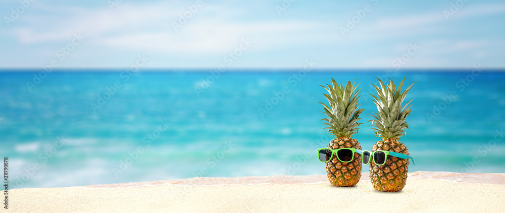 pineapple and beach space  - obrazy, fototapety, plakaty 