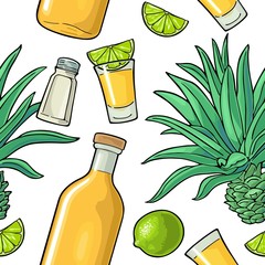 Wall Mural - Seamless pattern of bottle, glass tequila, salt, cactus and lime