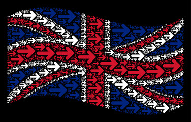 Wall Mural - Waving United Kingdom official flag on a black background. Vector right arrow elements are grouped into geometric British flag composition. Patriotic collage created of right arrow pictograms.