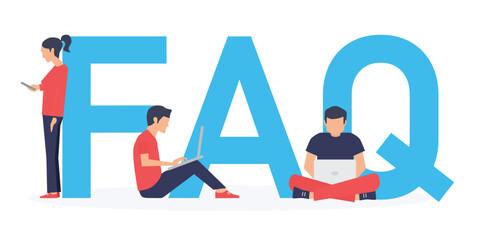 Wall Mural - FAQ. Flat design business people concept for answers and questions. Vector illustration for web banner, business presentation, advertising material