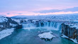 The Godafoss is a waterfall in Iceland. Aerial view and top view.
